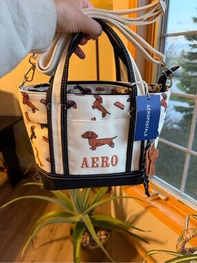 Aéropostale Dachshund/Winnie Dog Canvas Mini Tote - Cream & Black With Charms